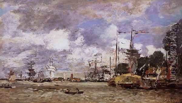 Anvers, Boats on the River Scheldt Oil Painting - Eugene Boudin