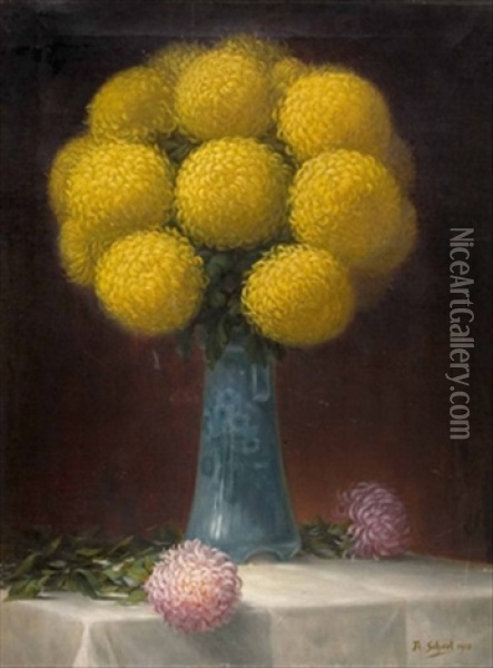 Chrysanthemen In Blauer Vase Oil Painting - Flores Scheel