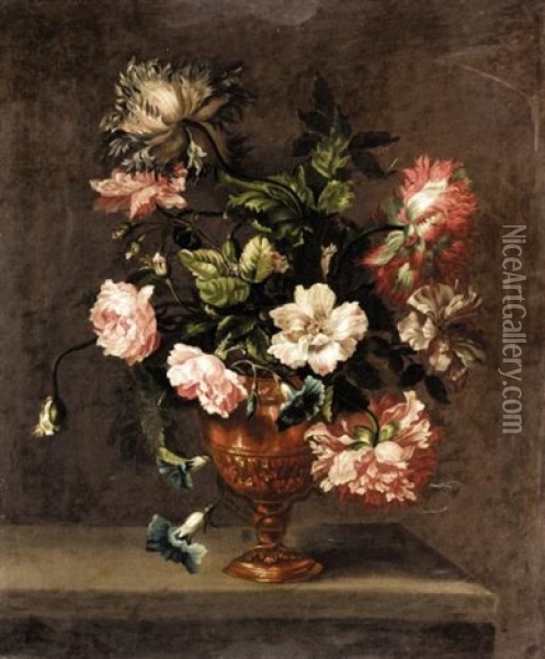 Still Life Of Roses, Peonies, And Other Flowers In A Vase On A Ledge Oil Painting - Emily Coppin Stannard
