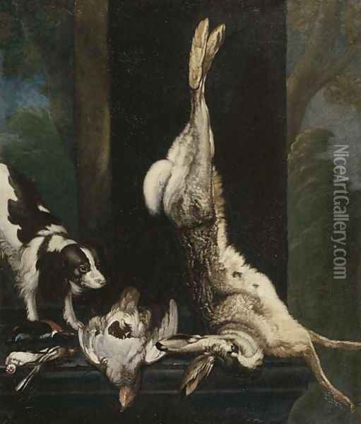 A sporting dog approaching dead song birds, a pheasant and a hare on a stone ledge Oil Painting - Cornelis van Lelienbergh