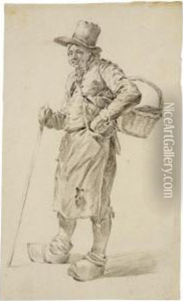Study Of A Standing Peasant With Basket, Clogs And Walking Stick Oil Painting - Hermanus Van Brussel