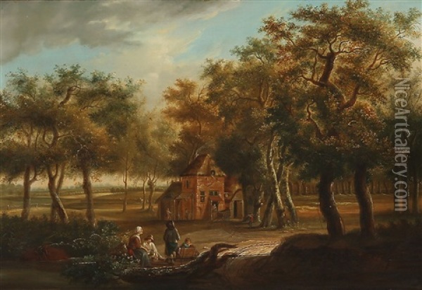 Wooded Landscape With Four Figures Sitting In The Foreground And Several Others Carrying Out The Day's Work In And Around A Cottage In A Clearing Oil Painting - Jan Baptist Huysmans