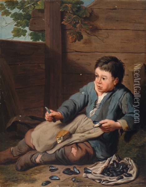 Young Boy Eating Mussels Oil Painting - Jan Josef Horemans the Younger