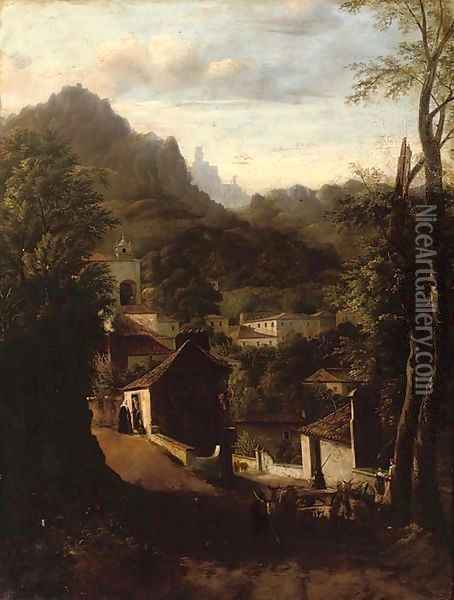 An Italianate hillside town at dusk Oil Painting - Marco Gozzi