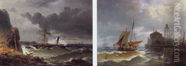 Dampfsegelschiff In Seenot An Felsiger Kuste Oil Painting - Coelestin Bruegner