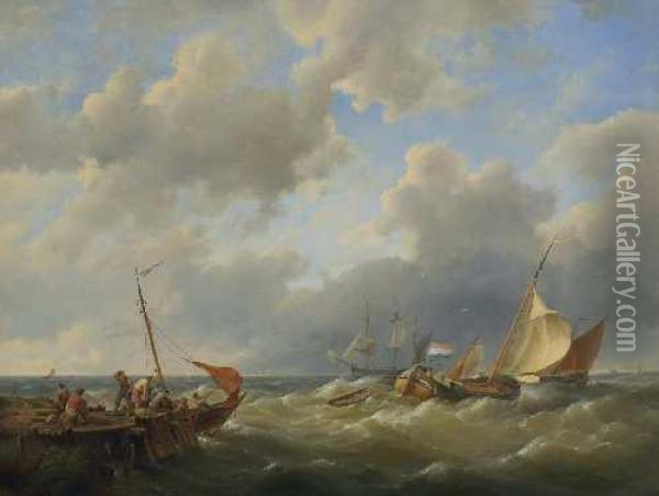 Segelschiffe Vor Sturmischer Meereskuste. Oil Painting - Hermanus Koekkoek