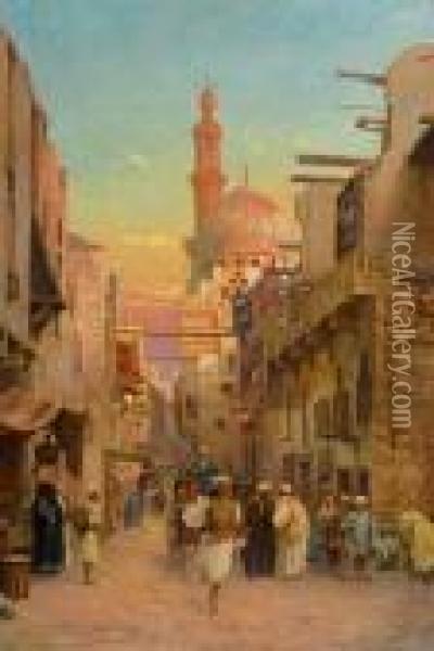 Street Scene In Cairo. 1903. Oil Painting - Otto Pilny