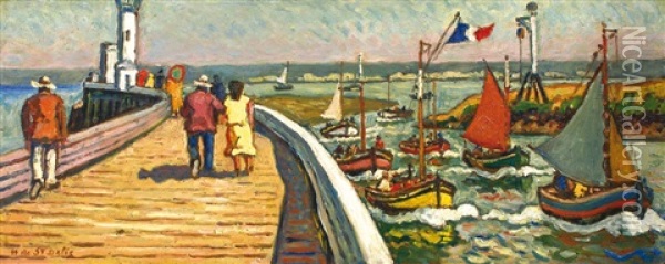 Promenade Sur La Jetee A Honfleur Oil Painting - Henri Lienard De Saint-Delis