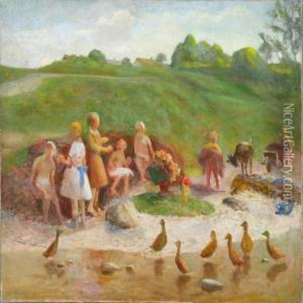 Paddling Children Oil Painting - Hans Ole Brasen