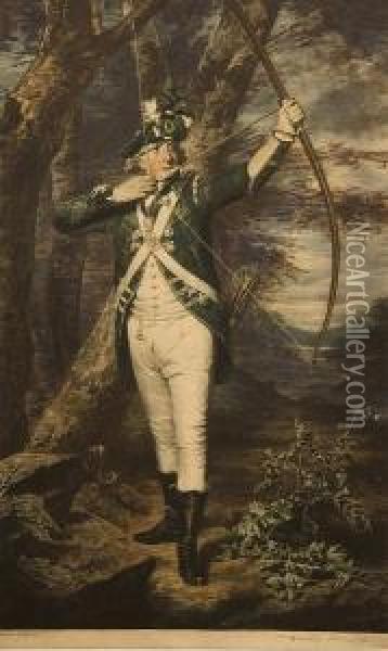 A Royal Archer Standing Full Length With Bow Drawn, In Open Landscape Oil Painting - Henry Macbeth-Raeburn