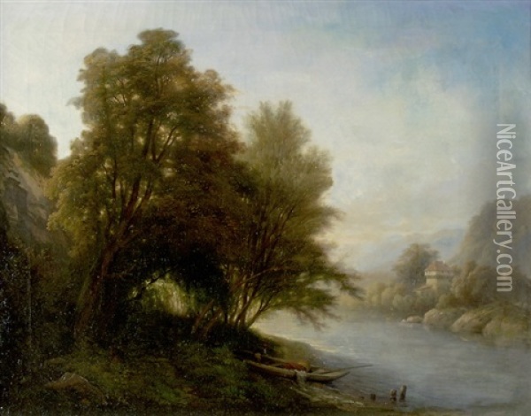 Flusslandschaft Mit Turm Oil Painting - Charles Louis Guigon
