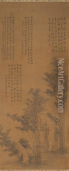 Bamboo And Rock Oil Painting - Guan Daosheng