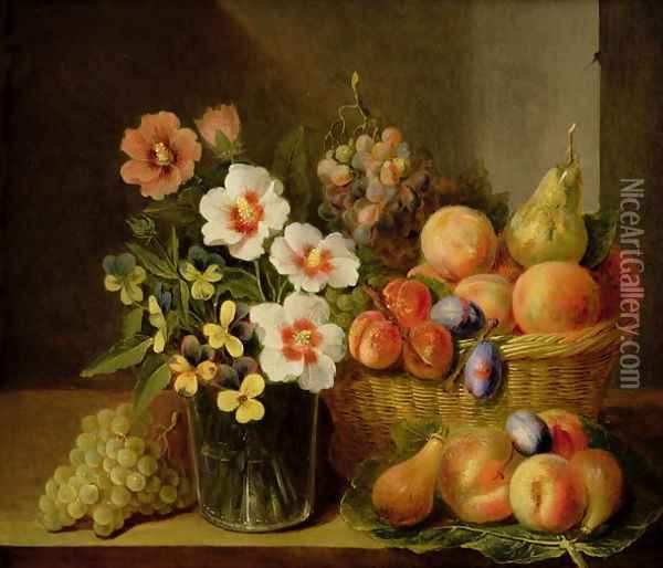 Still life of flowers in a vase and fruit in a basket Oil Painting - Pieter Snyers