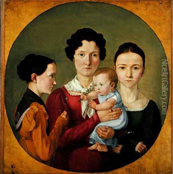The Sisters Malvine 1811-85, Hermine 1801-52, Adelheid 1824-82 and Ida Speckter 1809-94, 1825 Oil Painting - Erwin Speckter