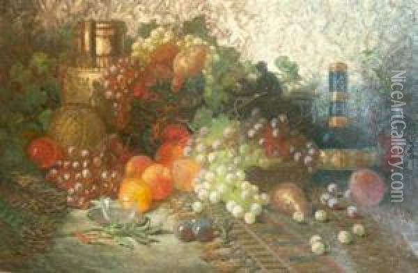 Still Life With Fruit, Flowers And Glasswear Oil Painting - George William Whitaker