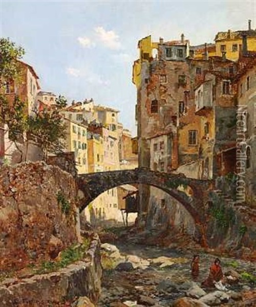 Vaskekoner Og Gamle Huse I San Remo Oil Painting - August Fischer