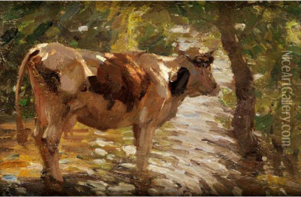 Kuh Unter Baumen, Nach Rechts Stehend Oil Painting - Heinrich Johann Von Zugel