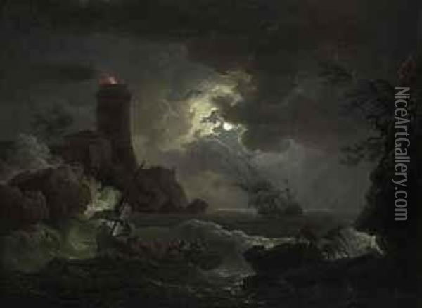 Shipwrecked Figures And Fishermen Bringing In Their Nets In Astorm, A Lighthouse Beyond Oil Painting - Claude-joseph Vernet
