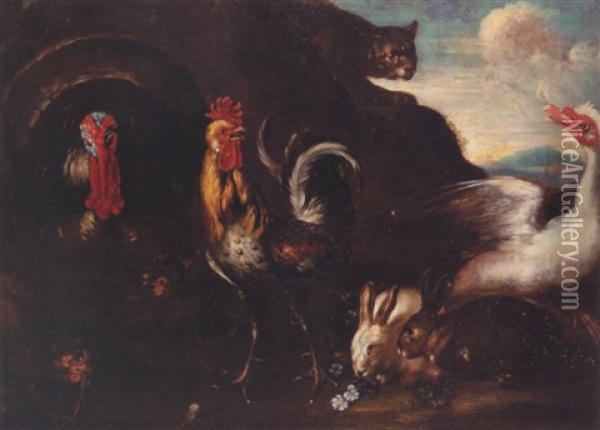 A Cockerel, Rabbits, A Turkey, A Goose Alarmed By A Cat Oil Painting - David de Coninck