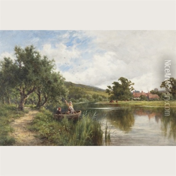 Figures Boating Near A Sunlit Path Oil Painting - Henry H. Parker