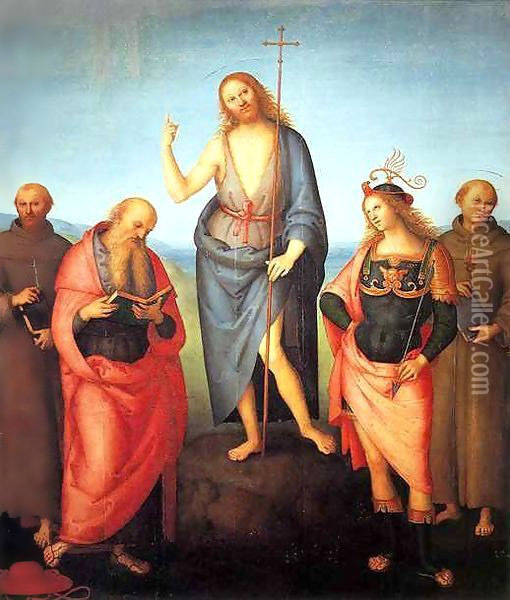 Saint John the Baptist with Saint Francis of Assisi, Saint Jerome, Saint Sebastian and Saint Anthony Oil Painting - Pietro Vannucci Perugino