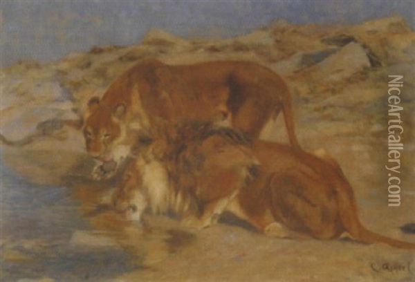 Lowen An Der Tranke Oil Painting - Carl Heinrich Wilhelm Appel