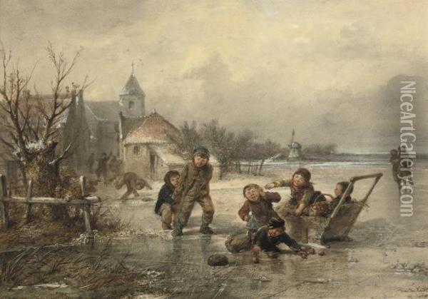Children Playing On The Ice Oil Painting - Jan Mari Henri Ten Kate