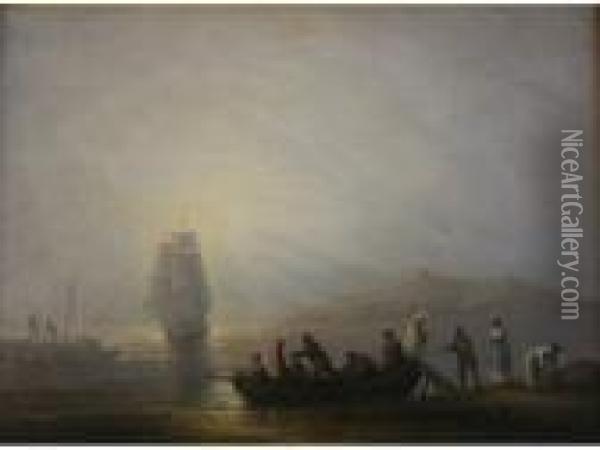 Figures Alighting From A Ferry Boat At Sunset Oil Painting - Thomas Luny