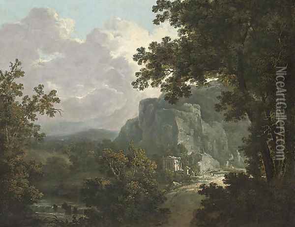 An extensive wooded river landscape with classical ruins Oil Painting - Richard Wilson