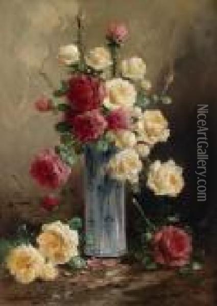 Mazzo Di Rose In Un Vaso Di Porcellana Oil Painting - Henry Schouten