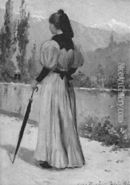 Kvinna Pa Promenad I Italienskt Landskap Oil Painting - August Fischer