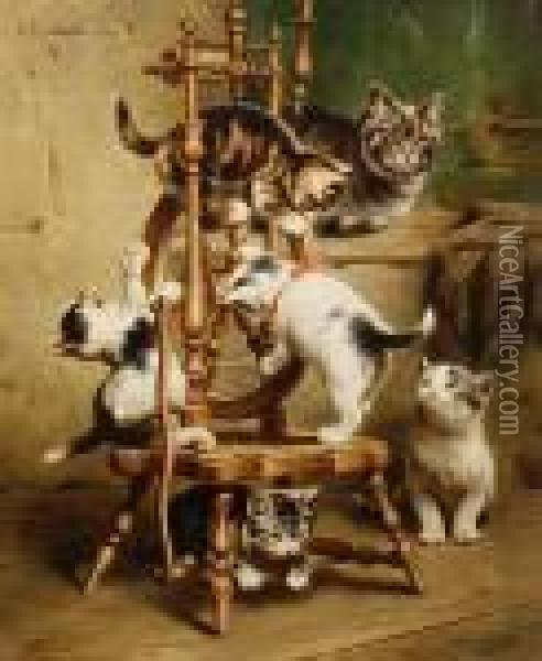 Kittens Playing On A Spinning Wheel Oil Painting - Carl Reichert