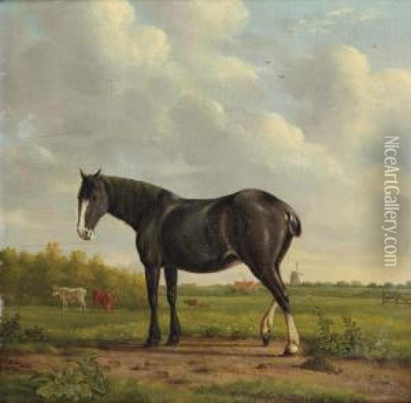 A Black Horse In A Polder Landscape Oil Painting - Anthony Oberman