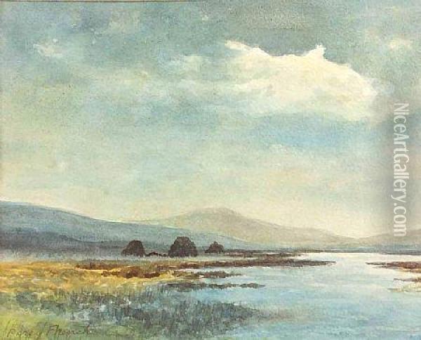Boglands & Turf Stacks Connemara Oil Painting - William Percy French