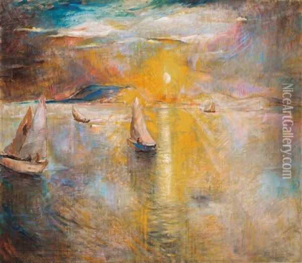 Sunrise At Lake Balaton Oil Painting - Bela Ivanyi Gruenwald