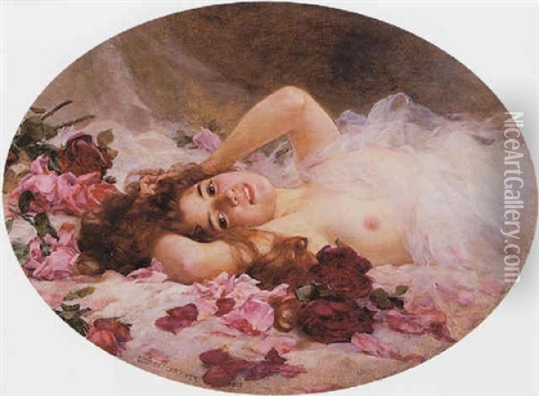 Beauty Amid Rose Petals Oil Painting - Louis Marie de Schryver