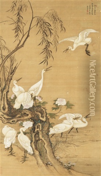 Nine White Egrets Oil Painting -  Leng Mei