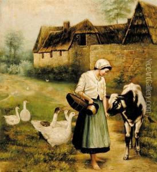 Farm Girl Feeding The Animals Oil Painting - George Swinstead