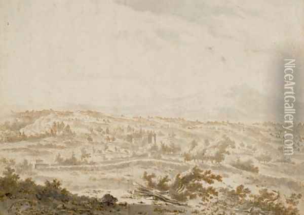 Un paysage avec un chateau, des maisons, une montagne à l'arriere-plan Oil Painting - Frederick De Moucheron