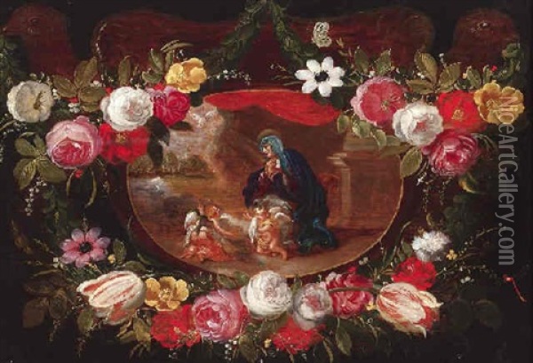 Blumengirlande Mit Der Verkundigung Im Medaillon Oil Painting - Jan van Kessel the Elder