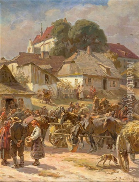 Markttag In Einem Dorf Mit Figurenreicher Szenerie Oil Painting - Stanislaw Bagienski