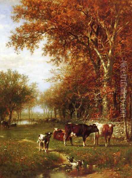 Cows before a Watering Hole Oil Painting - James McDougal Hart