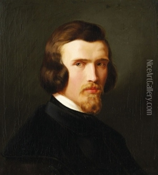 Selbstportrat (+ Portrat Einer Jungen Frau, 1844; 2 Works) Oil Painting - Christian Eduard Boettcher