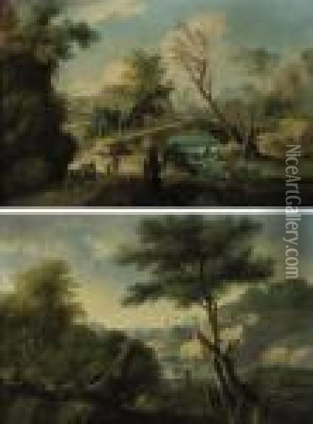 A Wooded River Landscape With 
Travellers Approaching A Bridge Andan Angler Seated On A Bank Oil Painting - Paolo Anesi