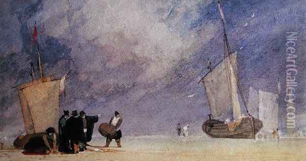 Figures of the Shore Unloading a Boat at Low Tide Oil Painting - John Sell Cotman