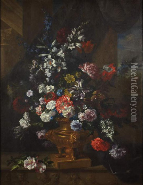 Still Life Of Flowers In A Footed Urn Oil Painting - Jean-Baptiste Monnoyer