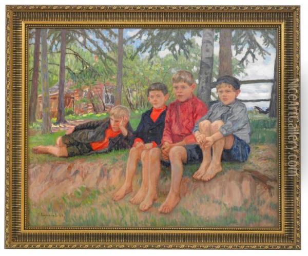 Four Boys In A Landscape Oil Painting - Nikolai Petrovich Bogdanov-Belsky