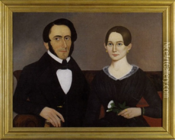 Portrait Of Mr. And Mrs. Colbey Sitting On A Sofa, The Man Holding A Book, The Woman Holding A Flower Oil Painting - George Gassner