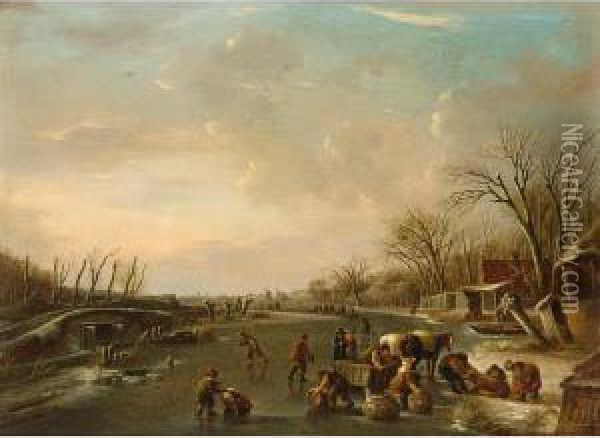 A Winter Scene With Skaters And A Horse-drawn Sleigh With Poultry Sellers Oil Painting - Andries Vermeulen