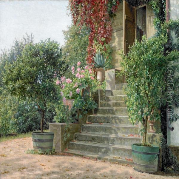 Flowers And Trees By Aflight Of Steps In A Garden Exterior Oil Painting - Vilhelmine Maria Bang